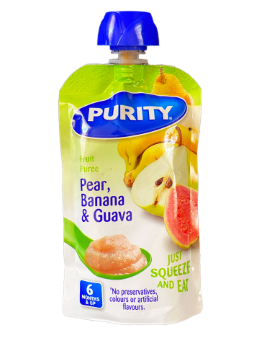 PURITY FRUIT PUREE PEAR BANANA & GUAVA 6MONTHS (110ML) | Treats 'N More